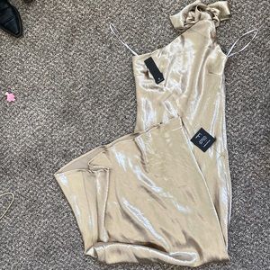 Lulus Gold satin one shoulder tie strap Maxi dress
